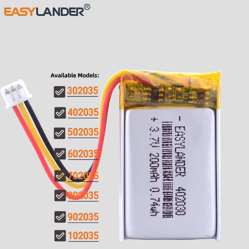 3,7 V 250 mAh 402035 Lithium-Polymer-Akku JST 1,25 mm-3 Pin 302035 502035 602035 702035 802035 902035 102035 Image