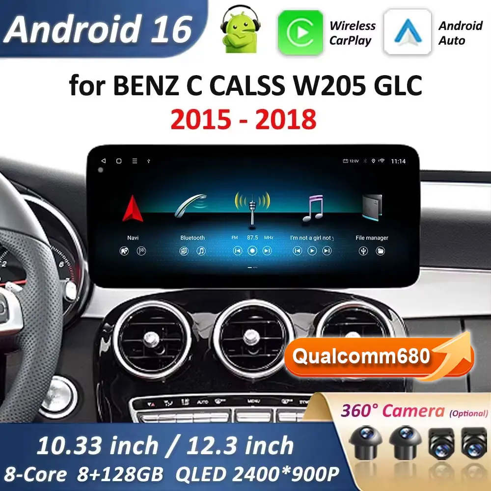 Android 15 Auto für BENZ C CALSS W205 GLC 2015–2018 NTG 5.0 Ultradünner QLED-Bildschirm Autoradio Drahtloses Multimedia CarPlay WIFI Image