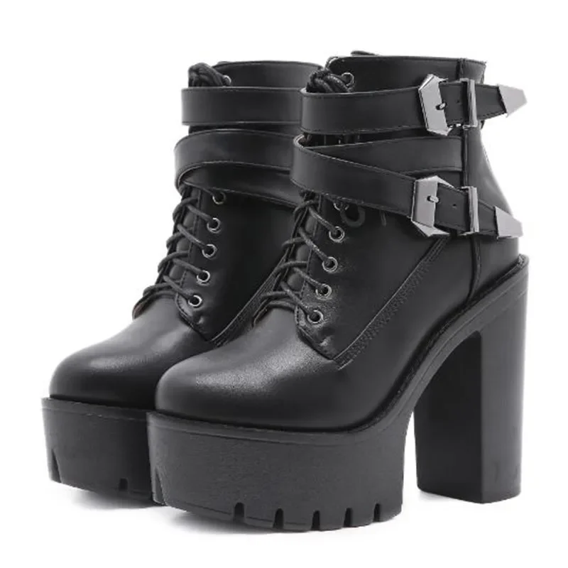 Designer Frühling Herbst Punk Frauen Schuhe Schwarz High Heels Stiefel Schnürung Plattform Ankle Boot Schwarz Ferse Aus Echtem Leder Botas Mujer