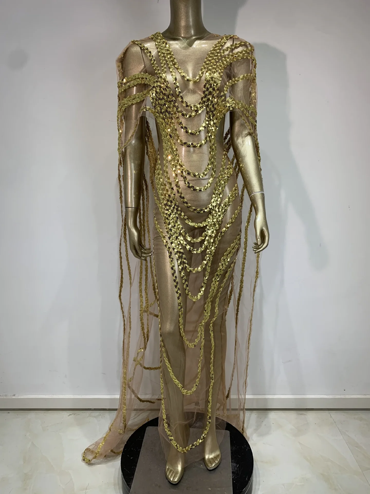 2025 Luxus Frauen Promi Sexy Kurzarm Diamanten Kette Mesh Transparent Gold Kleid Elegante Abend Club Party Outfit