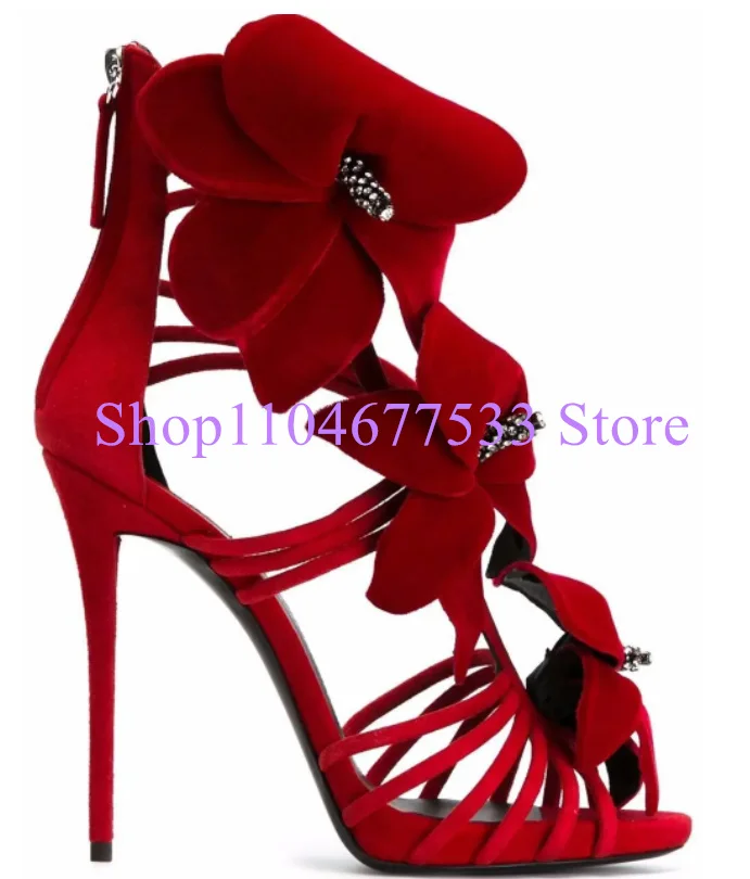 Rot Farbe Blumen Dame Sandalen Mode Kristall Frau High Heels Sandalen Sexy Dünne Ferse Pumpen Einzelnen Schuhe Weibliche Party Schuhe