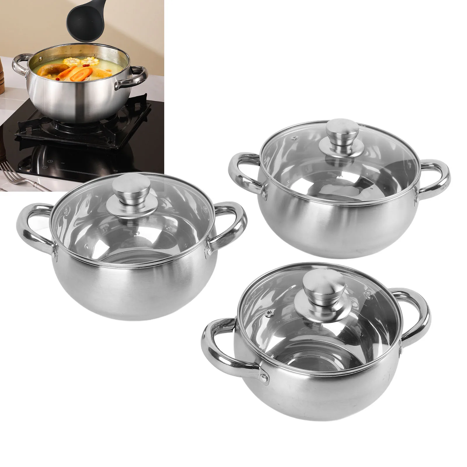 3Pcs Suppe Topf Set Edelstahl Dicken Boden Anti Stick Kochen Töpfe mit Anti Verbrühen Griff Deckel Küchenutensilien für Küche