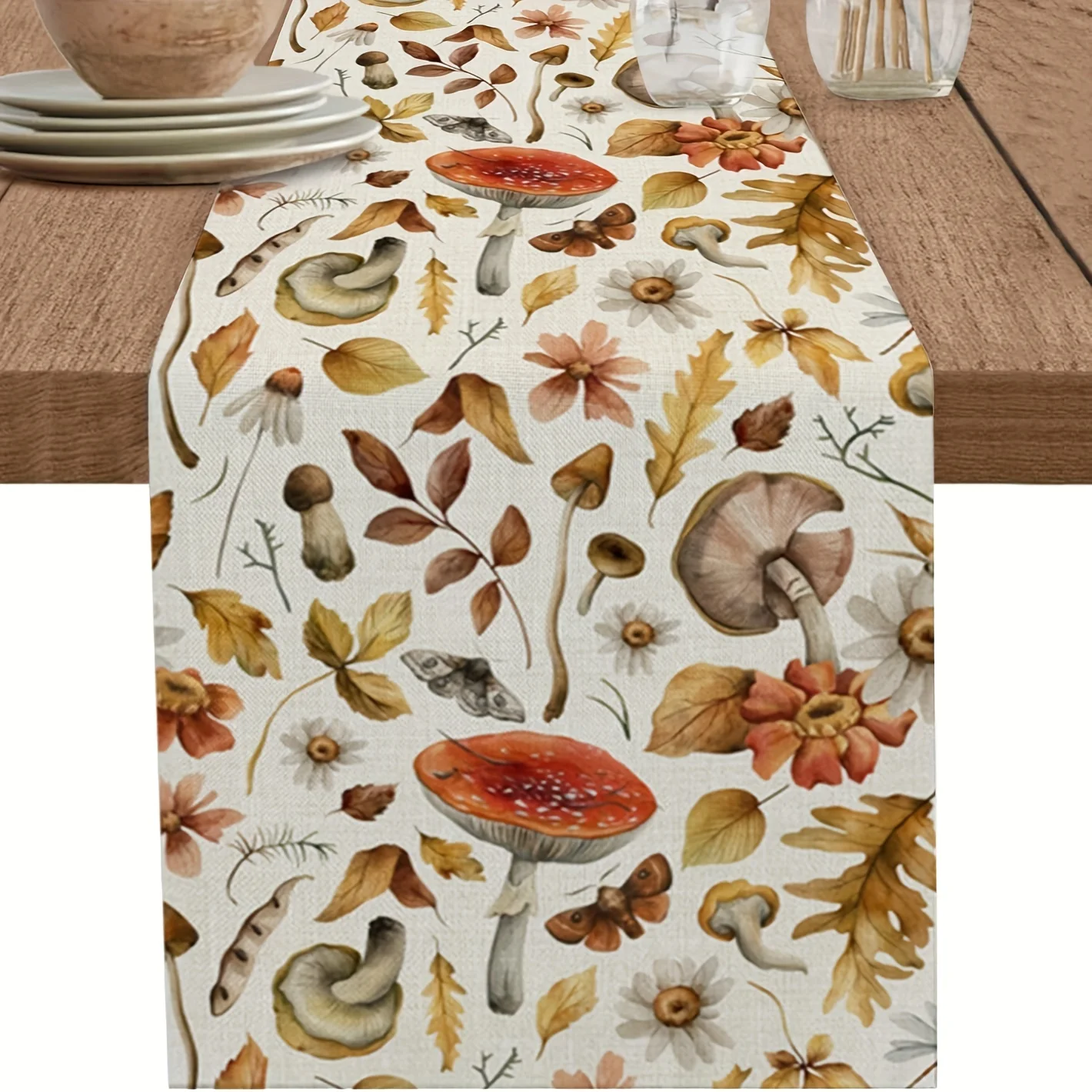 Herbst Pilz Polyester Tischläufer Aquarell Blatt Blumenmuster Gemütliche Dekoration für Zuhause Esstisch Herbstsaison Image