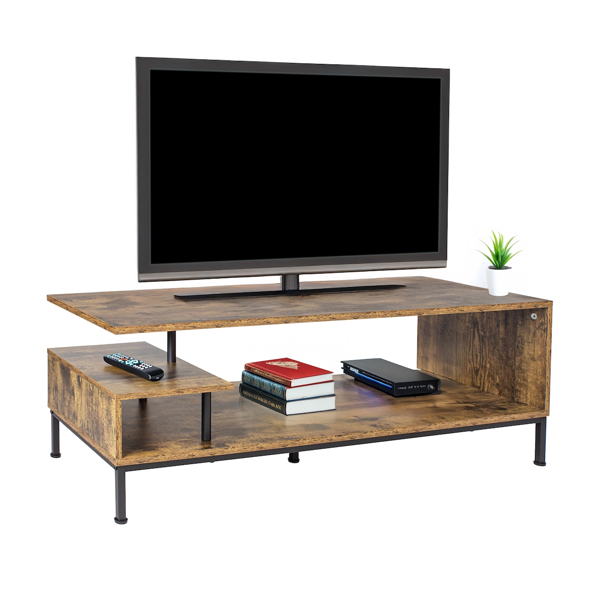 Relaxdays TV-Lowboard, 3 Ablagen, offenes TV-Regal bis 55 Zoll, HBT: 40 x 106 x 39,5 cm, Fernsehtisch, braun/schwarz