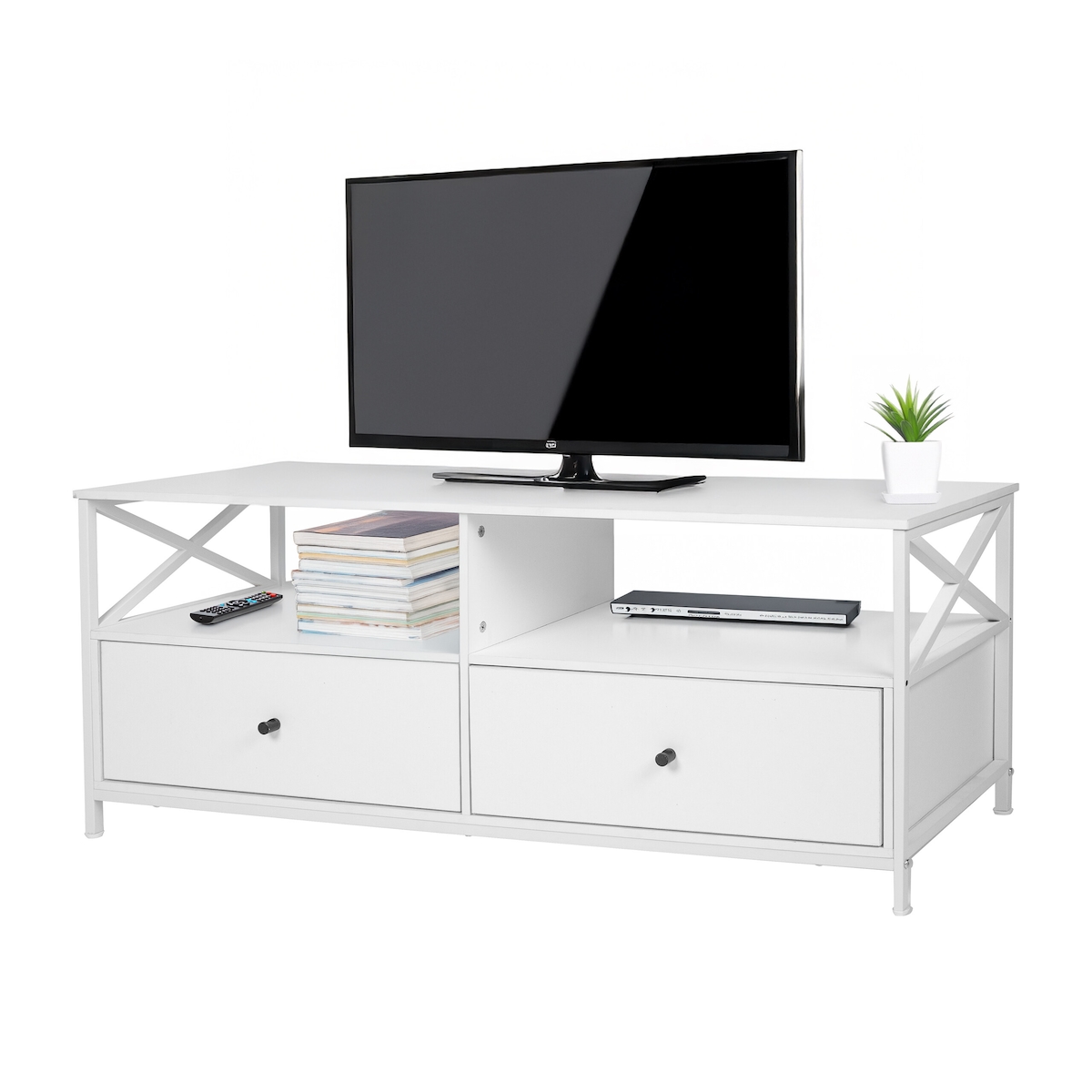 Relaxdays TV-Lowboard, 2 Fächer & 2 Schubladen, TV-Schrank bis 55 Zoll, HBT: 50 x 120 x 40 cm, Fernsehtisch, weiß