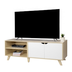 Relaxdays TV-Lowboard, 6 Fächer, TV-Schrank bis 60 Zoll, HBT 50 x 140 x 40 cm, Fernsehtisch mit Kabelführung, natur/weiß