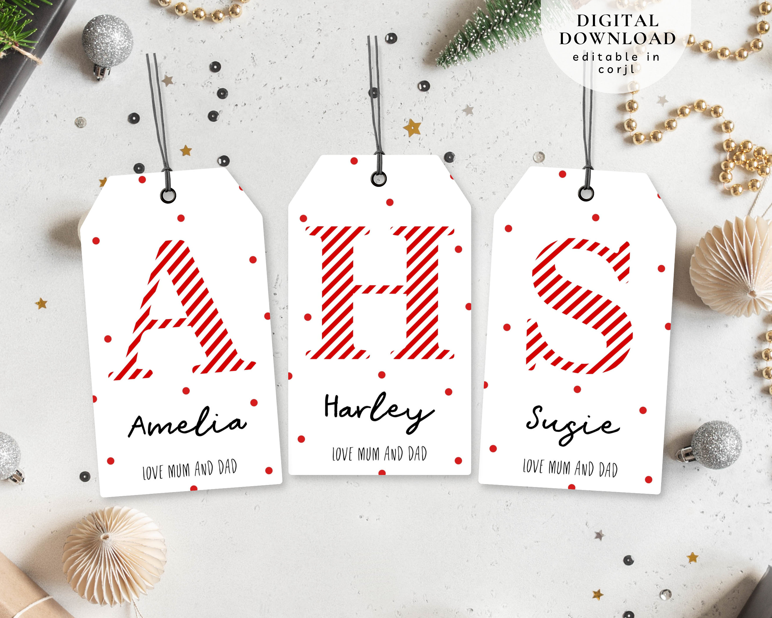 Etichetta iniziale di Natale dalla A alla Z, etichetta regalo con nome per bambini, etichetta regalo con nome modificabile, etichetta regalo di Natale