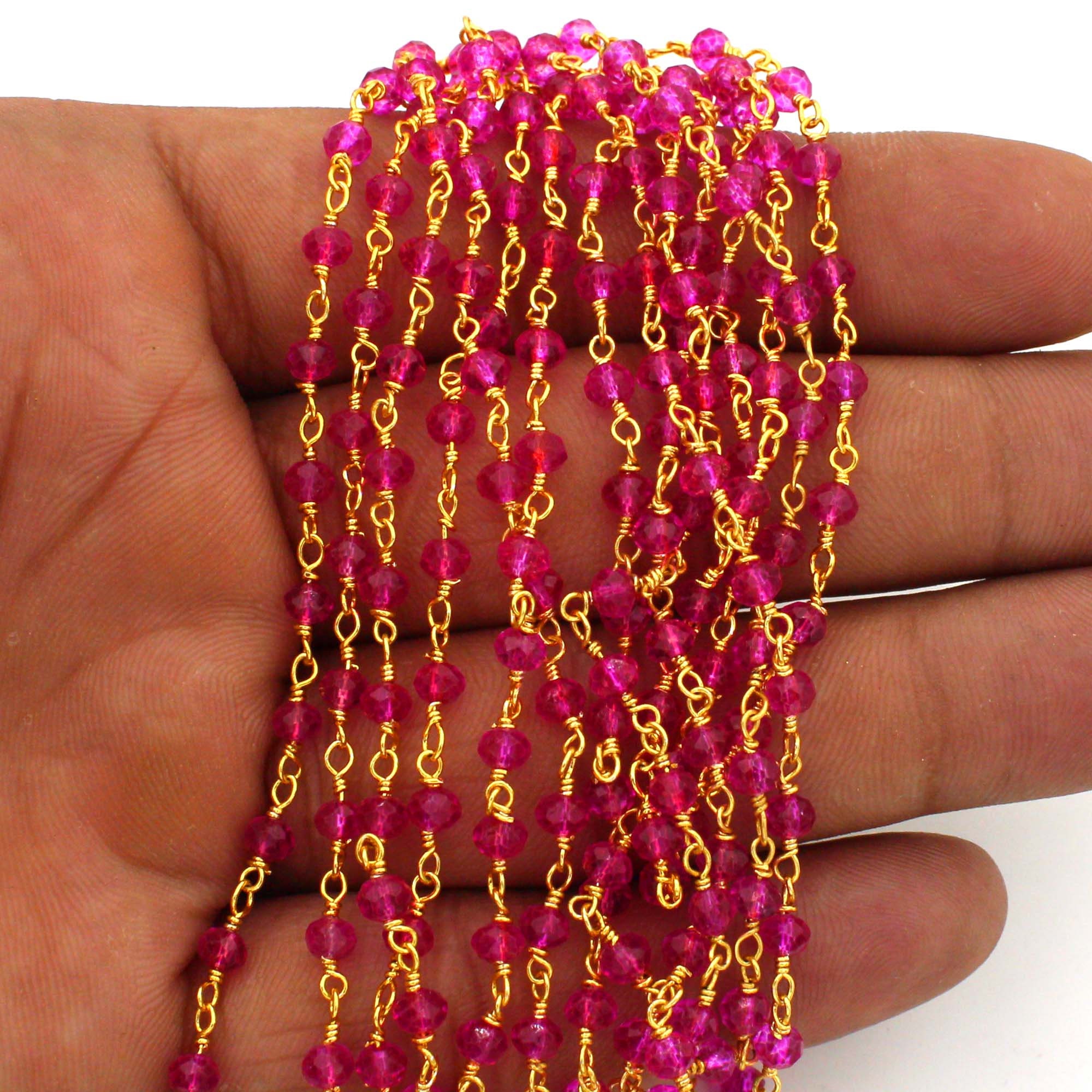 Pink Troumilliene Beads, Rosary Beaded Chain, Hydro Rondelle Faceted, 3 mm, Golden Plated Wire Wrapped Chain, Bulk Roll, Craft Supply Chain