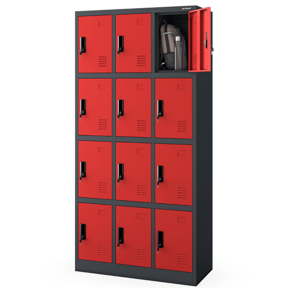DELUKE Schließfachschrank Spind BERN - 12 Fächer, Etikettenhalter | Wertfachschrank Umkleideschrank Metall Kleiderspind, 185x90x40cm Anthrazit-Rot Image