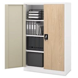 DELUKE Aktenschrank abschließbar KADO - 4 Ebenen, Flügeltüren | Metallschrank Werkstatt Büroschrank aus Stahl Werkzeugschrank, 140x90x40cm Weiß-Sonoma Eiche Image