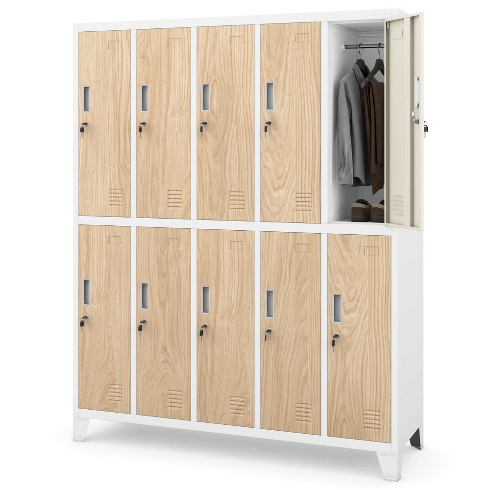 DELUKE Umkleideschrank Spind BERLIN - 10 Abteile, Etikettenhalter | Umkleidespind Schließfachschrank Garderobenspind, 172x136x45cm Weiß-Sonoma Eiche Image
