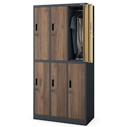 DELUKE Umkleideschrank Spind TOKIO - 6 Abteile, Etikettenhalter | Umkleidespind Schließfachschrank Garderobenspind, 185x90x45cm Anthrazit-Nussbaum Image