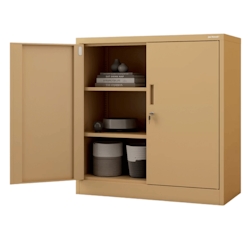 DELUKE Aktenschrank abschließbar KADO - 3 Ebenen, Flügeltüren | Metallschrank Werkstatt Büroschrank aus Stahl Werkzeugschrank, 93x90x40cm Beige Image