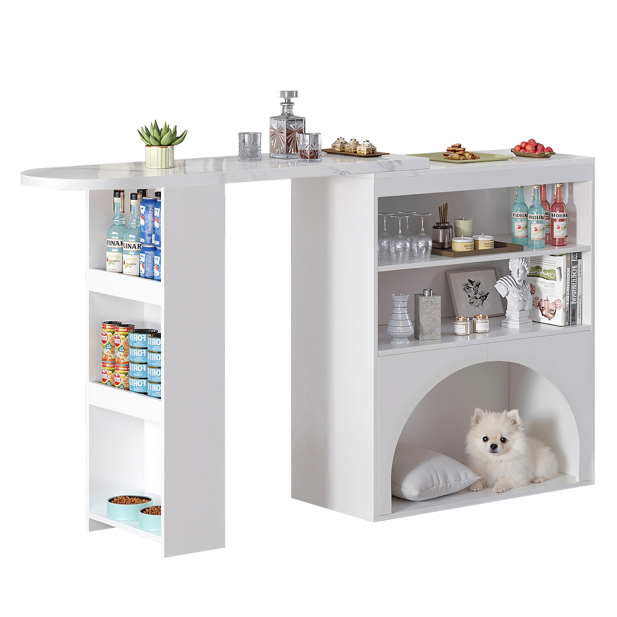 OKWISH Moderner ausziehbarer Bartisch Küchentheke Esstisch Thekentisch 120x40x100 erweiterbar mit Stauraum Marmoroptik Haustierbereich Wohnzimmer Küche Weiß Image