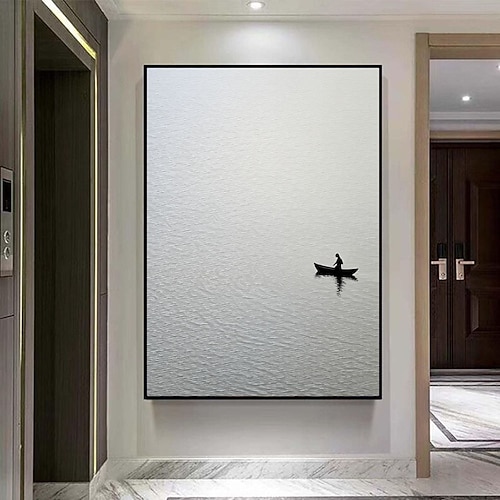 Minimalistisches Poster mit Ruderbootmotiv aus Naturfarben, rustikale Küstenlandschaft, Strandhaus-Wanddeko, Einzugsgeschenk, nautische Boho-Kunst Image