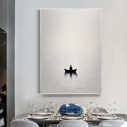 Minimalistisches Poster mit Ruderbootmotiv aus Naturfarben, rustikale Küstenlandschaft, Strandhaus-Wanddeko, Einzugsgeschenk, nautische Boho-Kunst Image