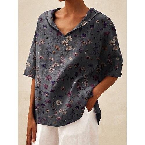 Frauen Leinenähnliche Fake Baumwolle Leinen Hemden Einfarbig Einfarbig Elegant Bohemian Vintage Halbe Ärmel Kapuzen Crop Tops Dunkelgrau-goldene Blätter Blumen - Dunkel Hellgrün - Morgenruhm Golden Image