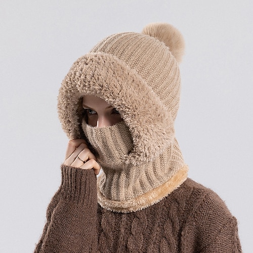 Gestrickte, dicke Fleece-Schalmaske, warme Mütze, 3-in-1-Mütze mit Schal und Maske, Winter-Gesichtsmaske 2026, Strickmützen, Kapuzenschal, Skimasken Image