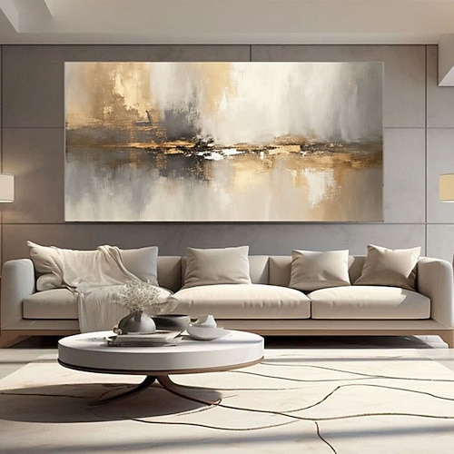 Handgemaltes, abstraktes Seebild in Gold auf Leinwand, moderne, metallisch strukturierte Landschaft, Wandkunst in neutralen Grau- und Beigetönen, luxuriöse Wohnzimmerdekoration Image