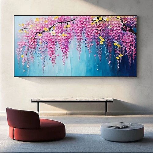 Handgemaltes 3D-Ölgemälde auf Leinwand mit rosa Kirschblüten, handgemalte farbenfrohe Blumenlandschaft, Frühlingsdekor, abstrakte, strukturierte Wandkunst, originale Kirschblüte Image