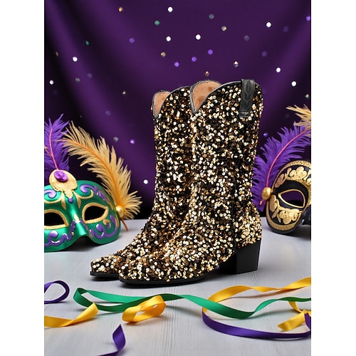 Damenschuhe Mardi Gras Lila Pailletten Western-Stiefel mit Blockabsatz glitzerndes Design perfekt für Karneval Party und Festivalbekleidung Image
