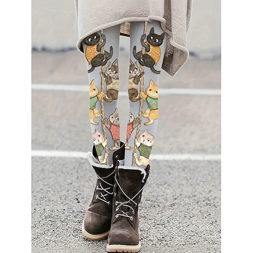Damen Leggings Gemütliche Leggings Urlaub Lässig Volle Länge Hohe Taille Grafik Katze Drucken Komfort Bequem Dehnbar Lässig Täglich Urlaub Grau Frühling Herbst Schmale Passform Image