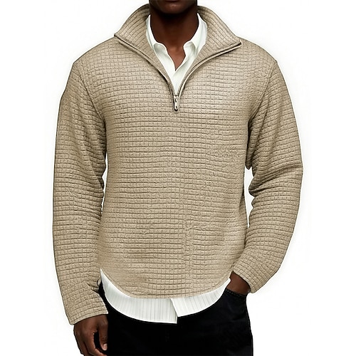 Herren Waffel-Poloshirts Polo Urlaub Straße Viertelreißverschluss Langarm Mode Basic Einfarbig Jacquard Frühling Herbst Normale Passform Schwarz Weiß Wein Kaki Hellgrau Armeegrün Waffel-Poloshirts Image