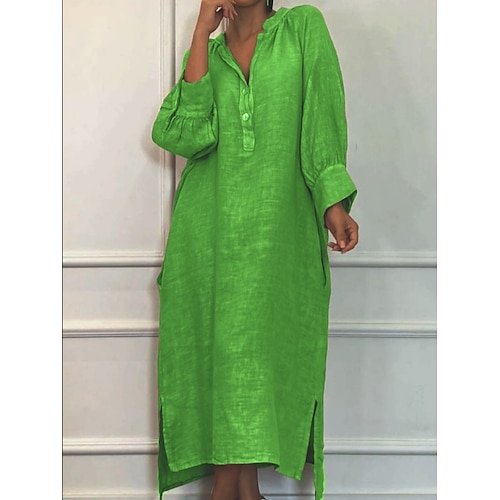 Women's Baumwoll-Leinen Midi Kleid Shift Kleid Casual Täglich Reguläre Passform Einfarbig Langarm Revers Gelb Lila Grün Aprikose Sommer Frühling Herbst Image