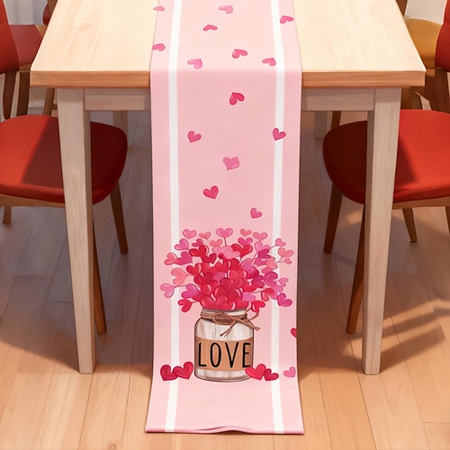Tischläufer mit Herz- und Buchstabenmuster zum Valentinstag, rutschfest, fusselfrei, perfekt für festliche Stimmung, Wohnzimmer, Couchtischdekoration, Valentinstags-Tischdekoration Image