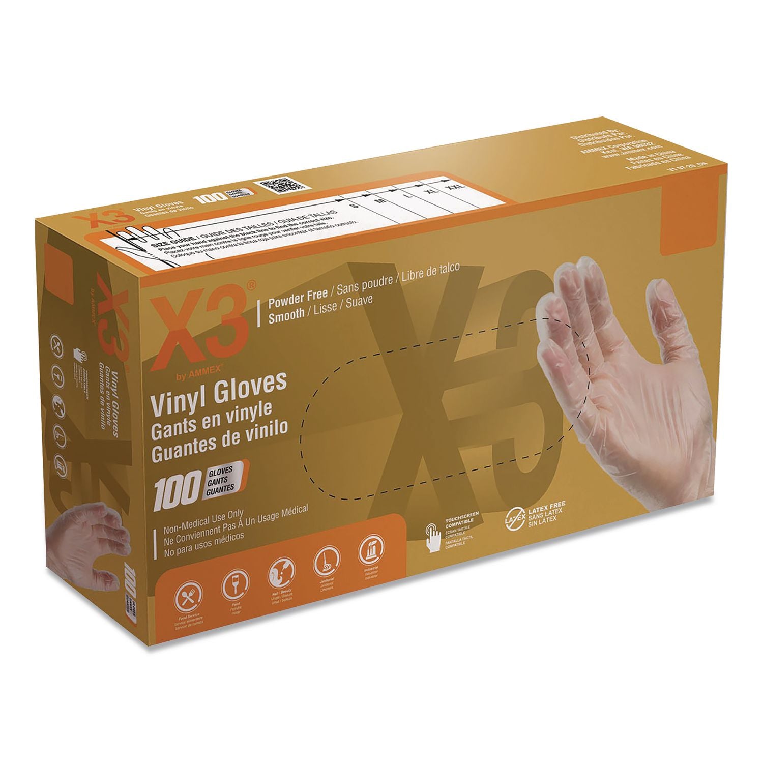 X3 by AMMEX Industrial Vinyl Gloves, Powder-Free, X-Large, 3 mil Thick, 9.5" Long, Clear, 100/Box (AXCGPX348100) Box of 100 X3® by AMMEX®