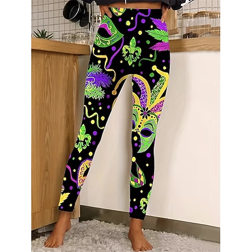 Karneval Damen Leggings Aktiv Urlaub Mode Lang Hochbundhose Grafik Geometrisch Druck Hoher Schnitt Komfort Outdoor Bequem Dehnbar Urlaub Formal Festival Violett Schwarz Grün Sommer Frühling Image