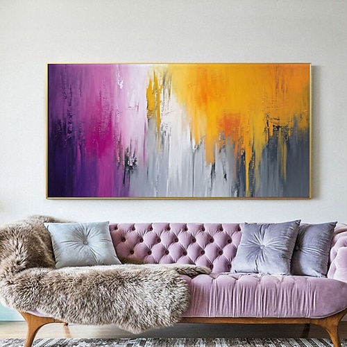 Ölgemälde, handgemalt, abstraktes Wandbild in leuchtenden Farben, übergroßes Acrylgemälde auf Leinwand, extra großes modernes Kunstwerk, gelb-violette Kunstmalerei für Zuhause, individuelles Geschenk Image