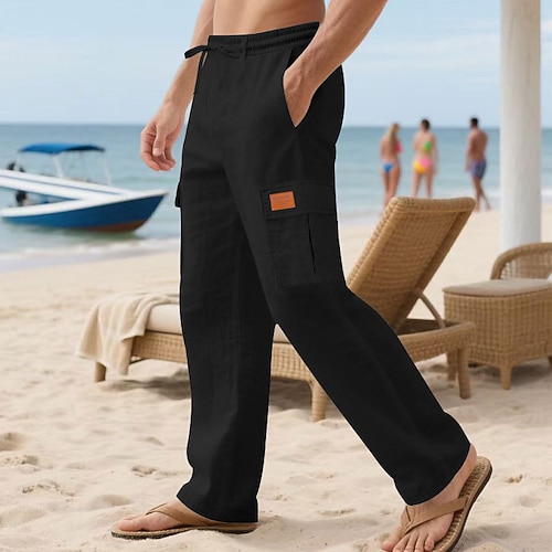Herren Leinenhosen Hose Sommerhose Strandhose Kordelzug Elastischer Bund Einfach Komfort Atmungsaktiv Täglich Outdoor Strand Urlaub Mode Schwarz Weiß Image
