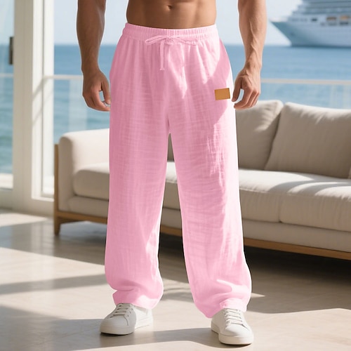 Herren Leinenhosen Hose Sommerhose Strandhose Kordelzug Elastischer Bund Einfarbig Komfort Atmungsaktiv Täglich Outdoor Strand Urlaub Mode Blau Schwarz Image