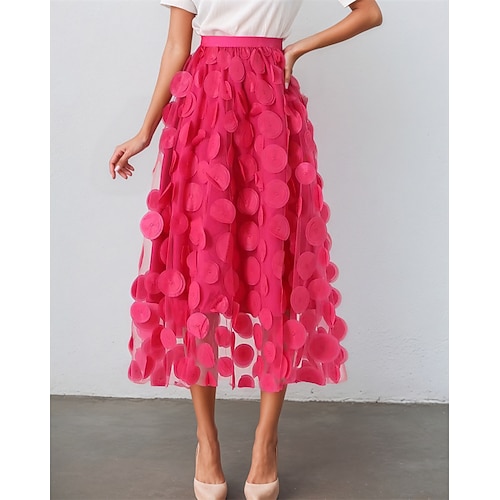Damen Asiatische Größe Elegant Mode Midi Hohe Taille Röcke Einfarbig Blume Blumen Tüll Mikroelastisch Familientreffen Alltagstauglich Aprikose Weinrot Schwarz Weiß Frühling, Herbst, Winter, Sommer Image