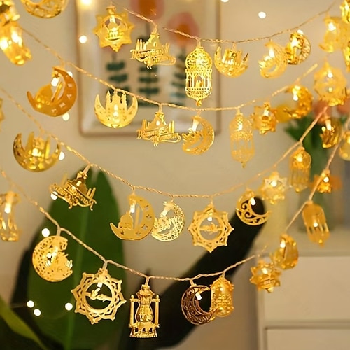 Ramadan- und Eid-Dekorations-Lichterkette, batteriebetrieben, 3/6 m, 20/40 LEDs, Mond-, Stern-, Burg- und Laternenmotiv, für die Innendekoration, USB-Netzteil Image