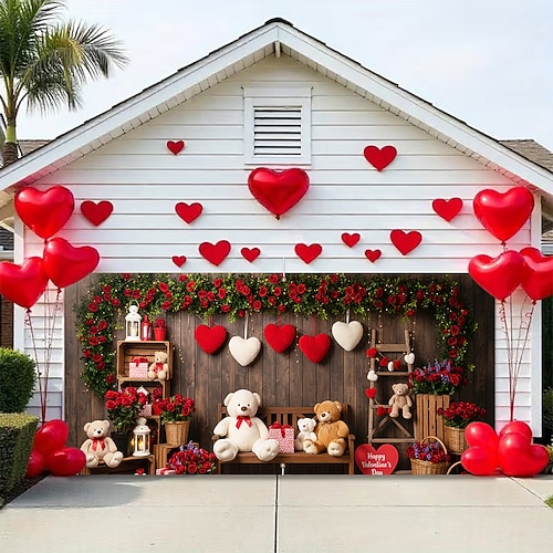 Garagentorabdeckung mit 2D-Flachdruck zum Valentinstag: Braune und weiße Bären mit Herzballons, Rosen und Geschenkboxen – perfekt für die Valentinstagsdekoration, ideal für Zuhause oder Schaufenster. Image