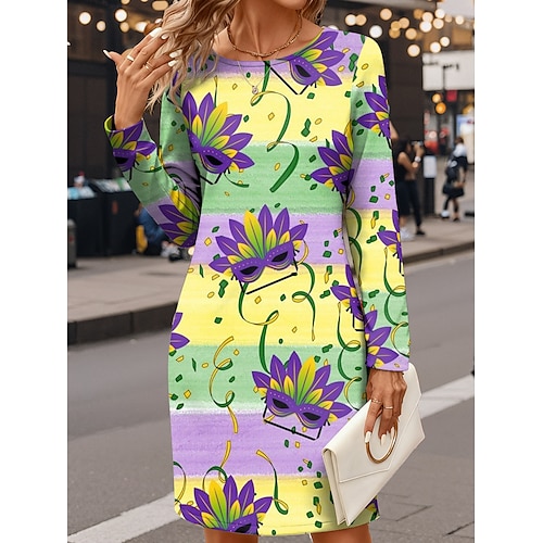 Karneval Damen Mini Kleid Schmaler Schnitt Urlaub Lässig Feiertag Reguläre Passform Grafisch Langarm Crew Neck Gelb Grün Herbst Winter Image