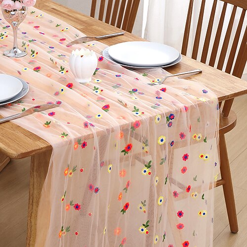 Bestickter Tischläufer mit Gänseblümchenmuster, Spitzentischdecke aus transparentem Stoff, dekorative Stickerei mit kleinem Blumenmuster für den Esstisch, elegante Tischdekoration für Zuhause Image