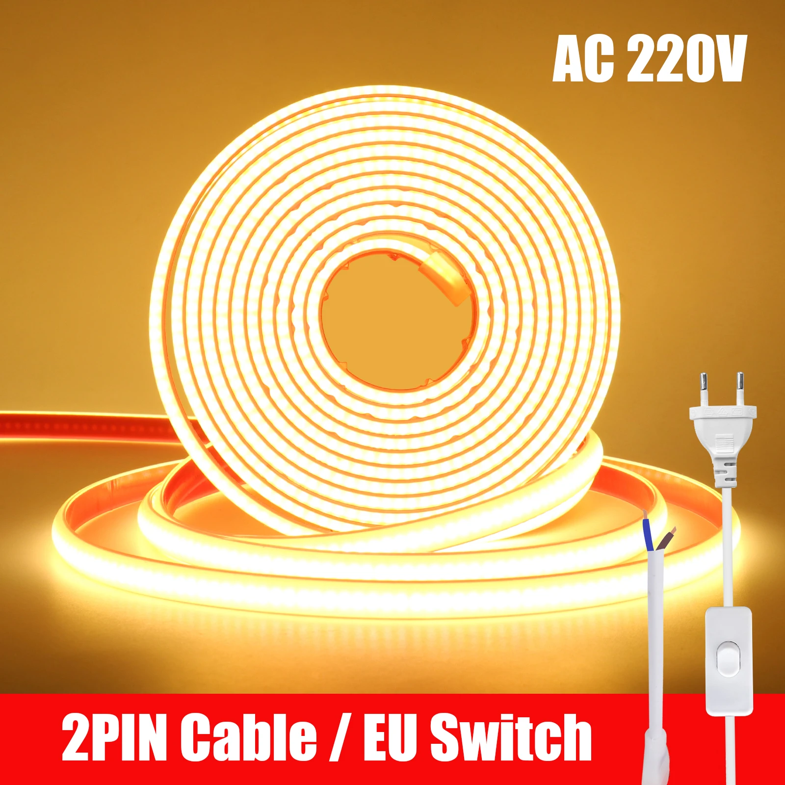 Striscia COB AC 220V IP65 impermeabile con interruttore UE/cavo 2PIN 240 LED/M 3000K 4000K 6000K corda a nastro flessibile luce a LED