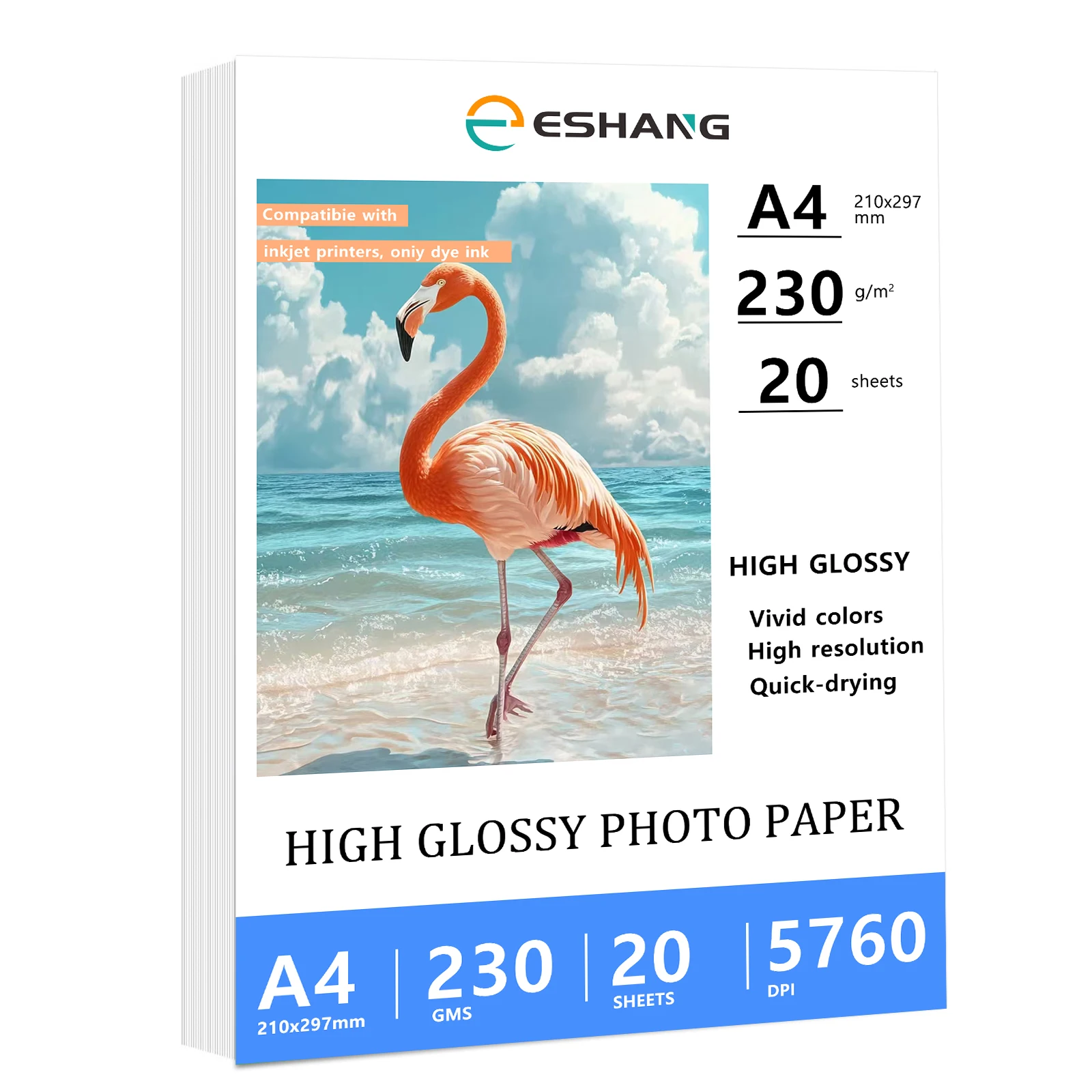 20 Blatt 230 g/m2 62 lb A4-Format (8,3 x 11,7 Zoll), hochglänzendes Fotopapier für Tintenstrahldrucker Image