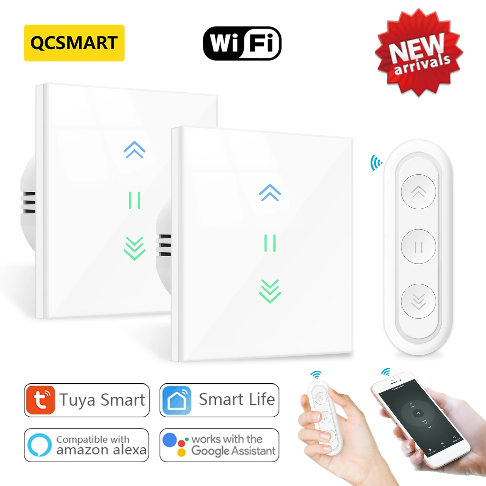 QCSMART Sonnenschutz Vorhang Jalousien Schalter Hintergrundbeleuchtung RF & WiFi Fernbedienung Tuya Smart Life App Google Home Alexa Echo Image