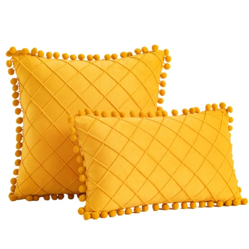 30 x 50 cm, 45 x 45 cm, gelber Samt-Lendenwirbel-Kissenbezüge, Diamantstreifen mit niedlichen Pompons, Quasten-Kissenbezügen für Couch, Sofa Image