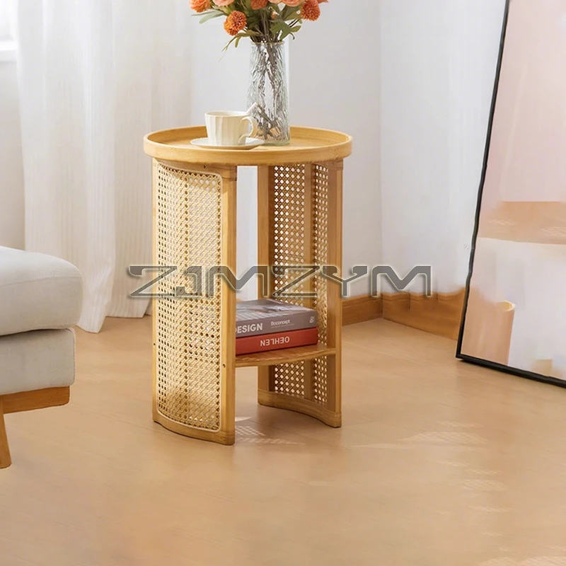 Rattan-Beistelltisch, Sofa-Aufbewahrung, Eckschreibtisch, kleiner runder Couchtisch, doppelschichtiger Rand, Nachttisch, Balkon-Seitentische Image