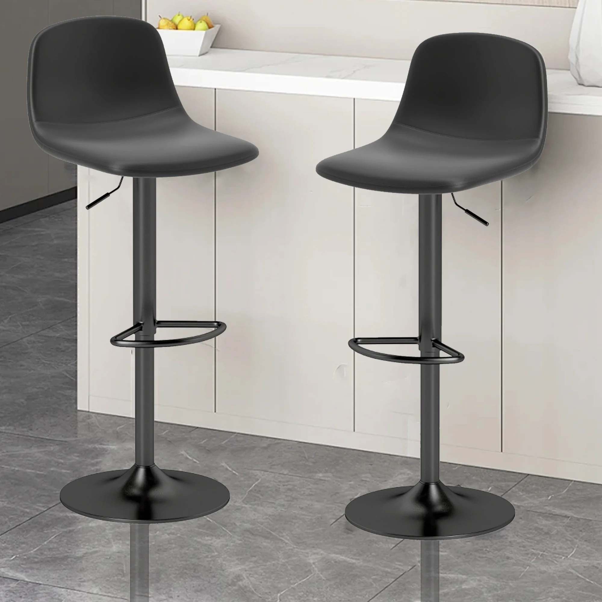 Anaqaqia 2er-Set Barhocker, 360° ° Drehsitz, 58–78 cm höhenverstellbar, Thekenhocker mit Rückenlehne und Fußstütze, Kunstleder, Schwarz