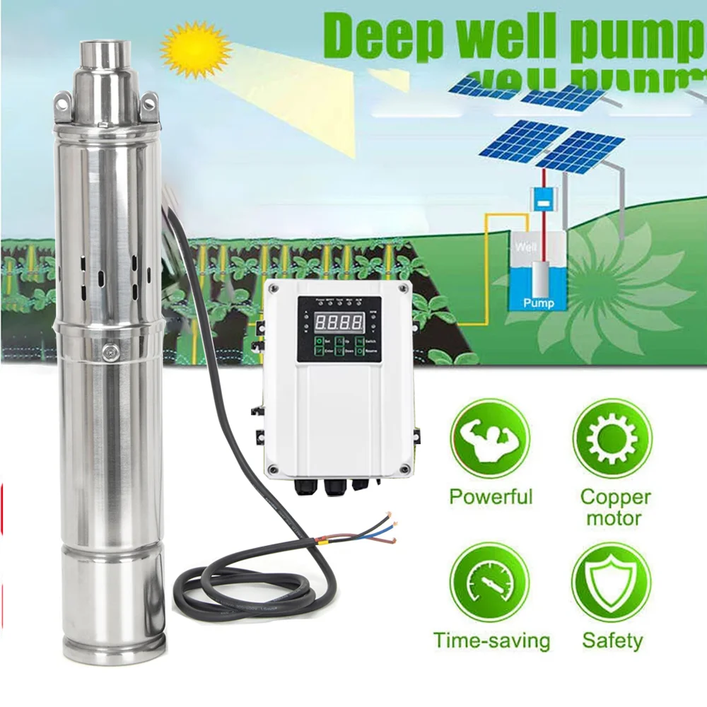 Solar-DC-Bohr-Tauchpumpe mit MPPT-Regler und Schwimmerkugel zur Steuerung des Wasserstandsschalters. Solar-Tiefbrunnenpumpe