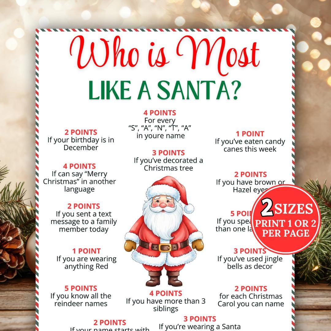 "Gioco \"Chi è più simile a Babbo Natale\", gioco di Natale, attività natalizia, gioco a quiz su Babbo Natale, gioco divertente per le vacanze per bambin"
