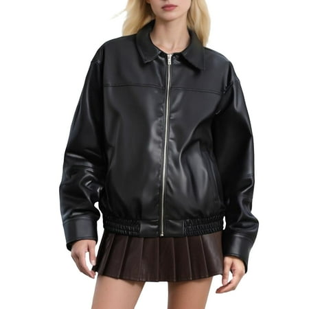 Vinsonshop Womens Leather Jacket Motorcycle Jacket Women Womens Zip Up Jacket Y2k Jacket Spring Jackets Zip Up Jackets for Women Womens Coats and Jackets Black M