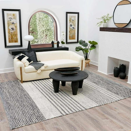 Hauteloom Tideswell Boho Hand Woven Wool Striped Geometric Textured Area Rug - Farmhouse Moroccan Trellis Carpet for Living Room Bedroom - Black Beige Gray - 8 x 10 (8x10)