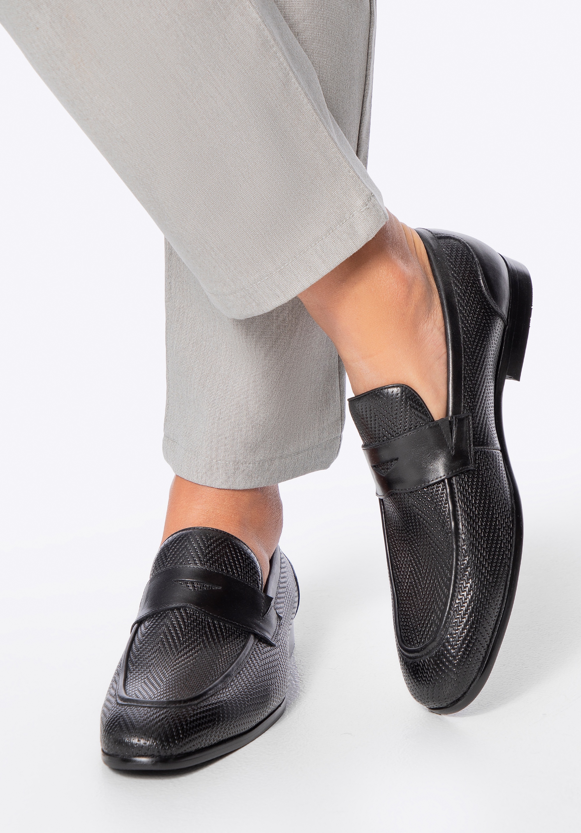 Wittchen Herren-Ledermokassins mit Fischgrätmuster, Schwarz, Echtleder